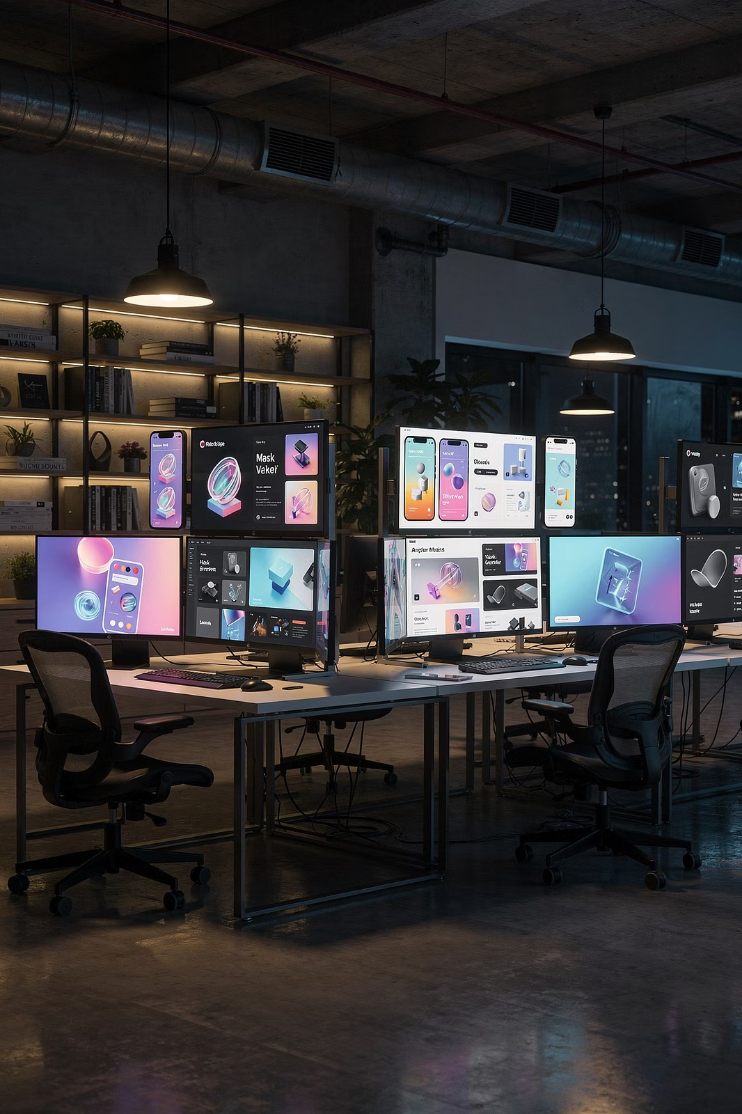 Modern creative agency studio with glowing monitors showing design work