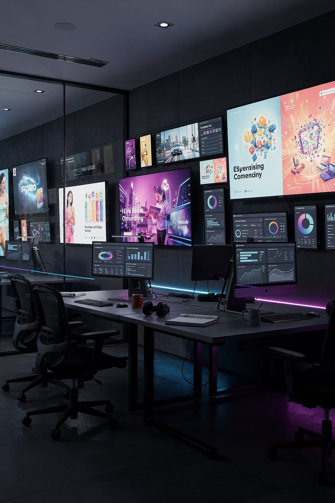 Digital advertising campaign on multiple screens in a dark modern office