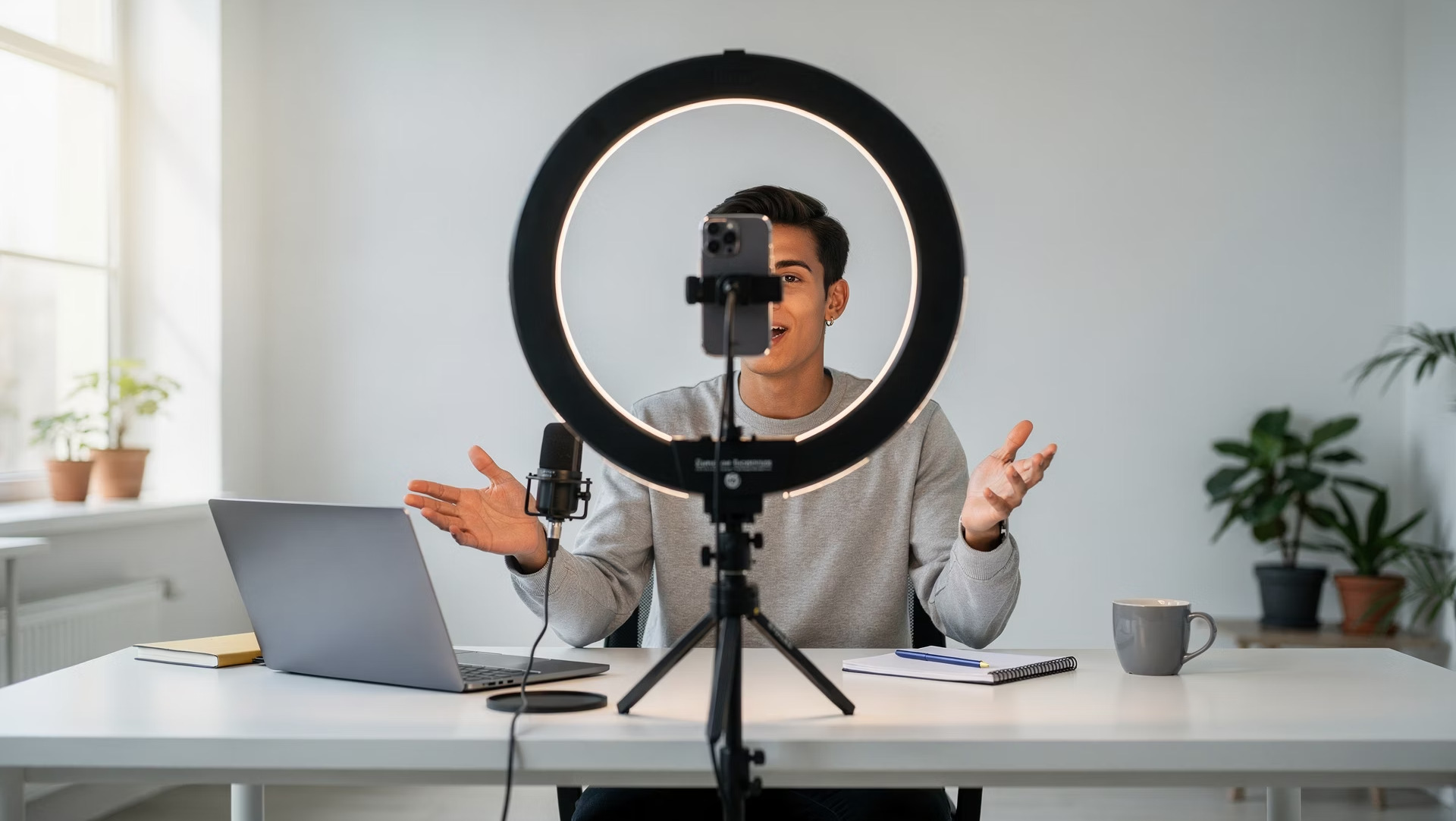 Social media content creator filming a short-form video with a ring light