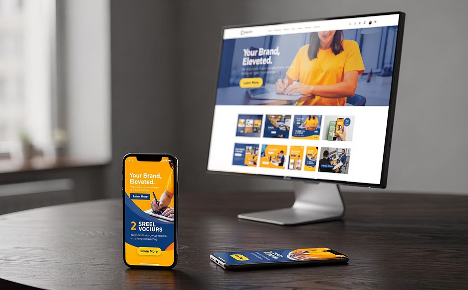 Digital ad creative mockups on a smartphone and desktop